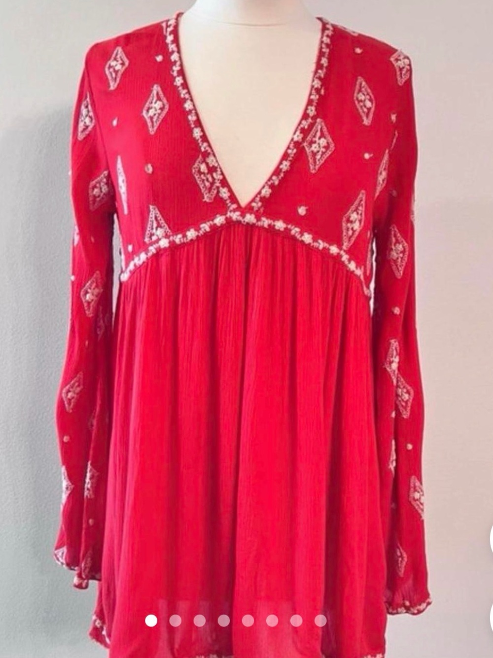 Free People Red Embroidered V-Neck Tunic